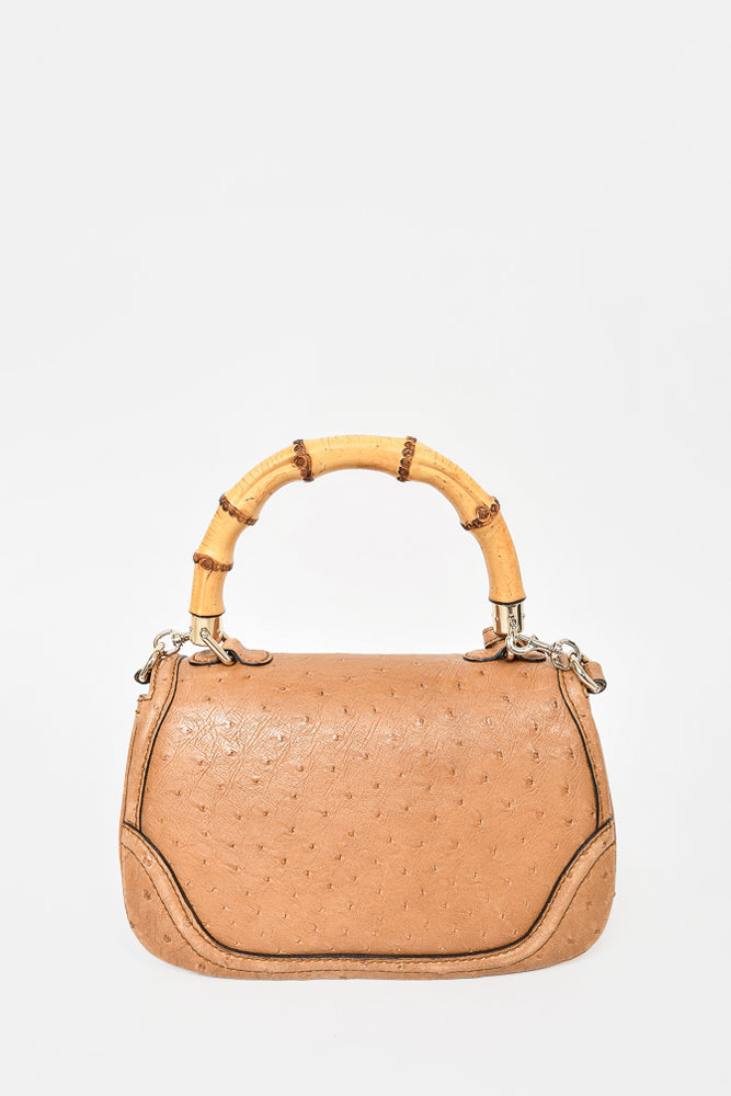Gucci Brown Ostrich Leather Bamboo Top Handle Bag