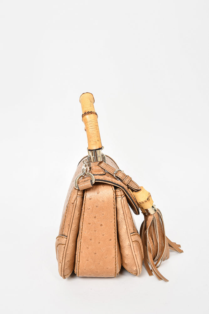 Gucci Brown Ostrich Leather Bamboo Top Handle Bag