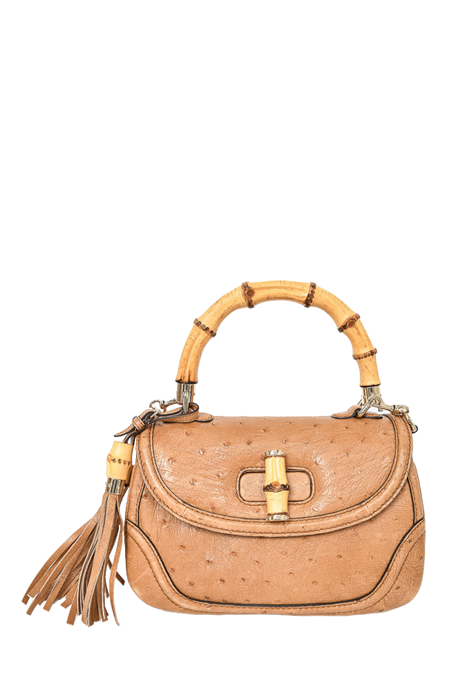 Gucci Brown Ostrich Leather Bamboo Top Handle Bag