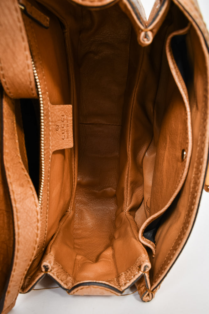 Gucci Brown Ostrich Leather Bamboo Top Handle Bag