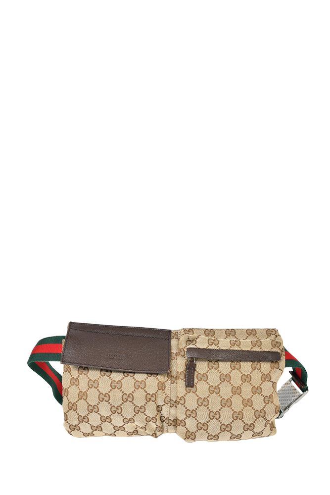 Gucci GG Canvas Double Pocket Belt Bag with Web Strap