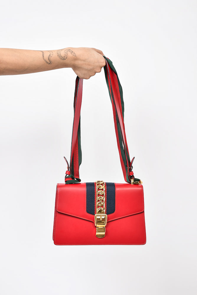 Gucci Red Leather Web Sylvie Handbag