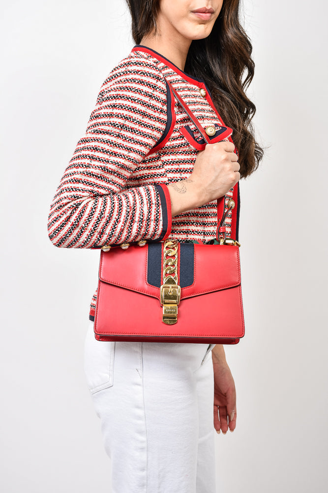 Gucci Red Leather Web Sylvie Handbag