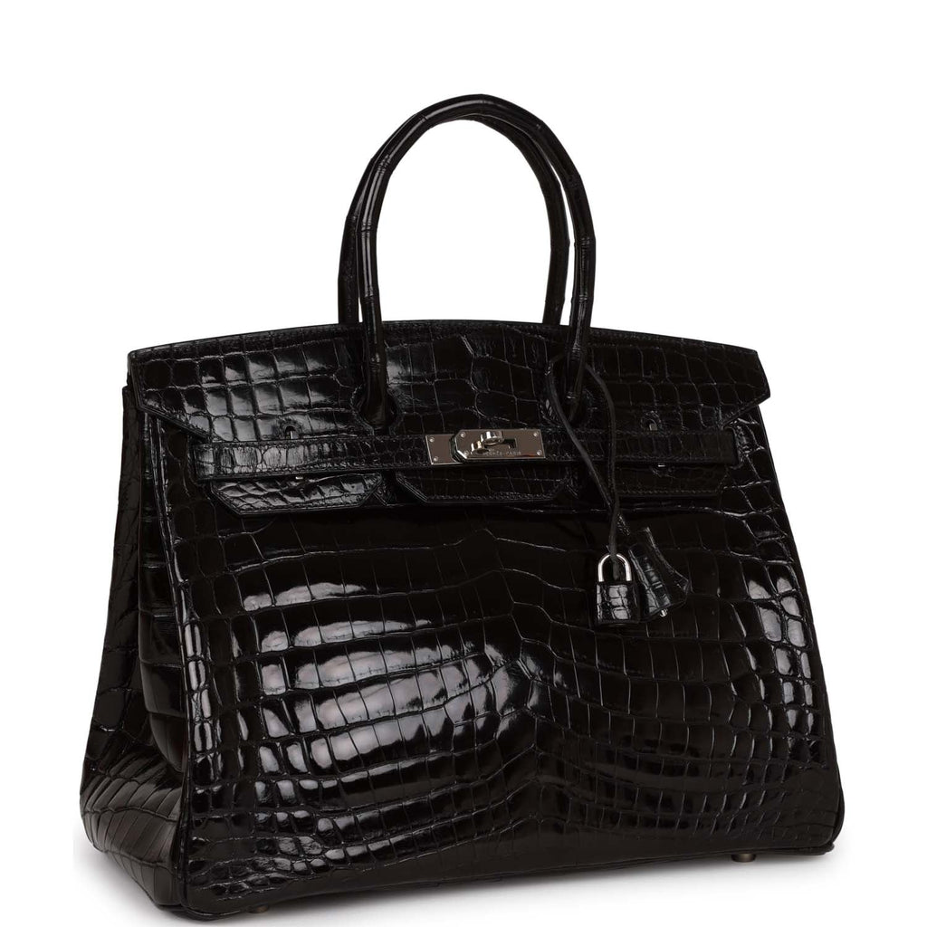 Pre-owned Hermes Birkin 35 Black Shiny Porosus Crocodile Palladium Hardware