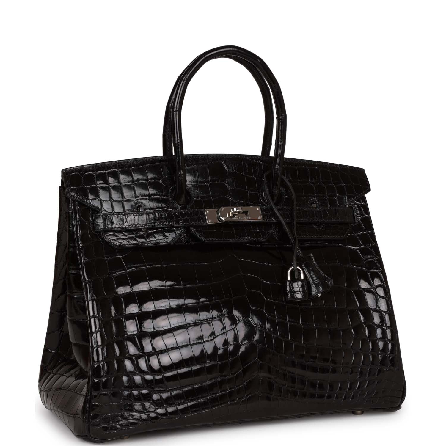 Pre-owned Hermes Birkin 35 Black Shiny Porosus Crocodile Palladium Hardware
