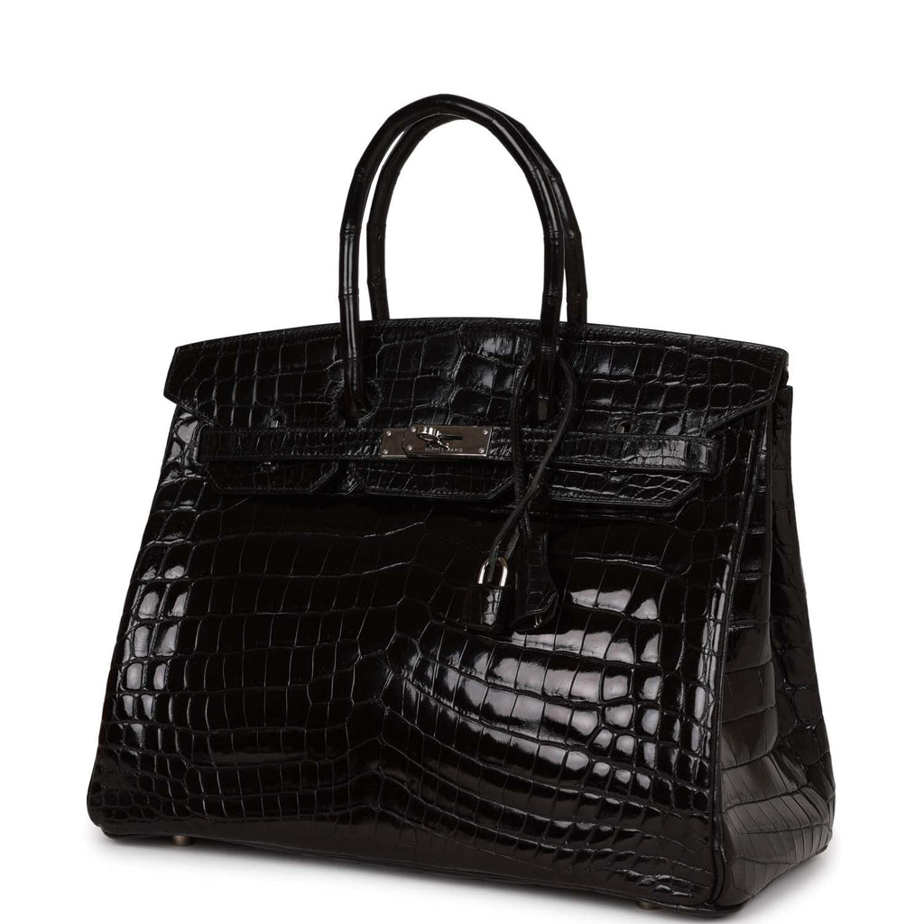 Pre-owned Hermes Birkin 35 Black Shiny Porosus Crocodile Palladium Hardware