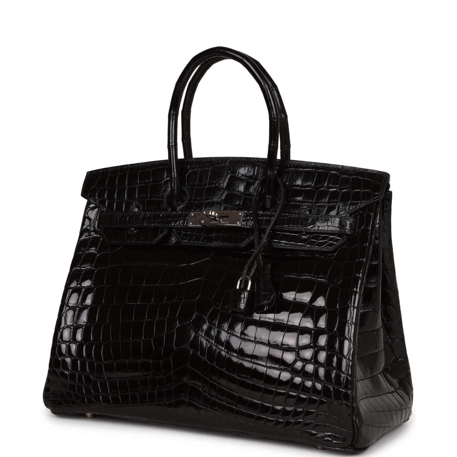 Pre-owned Hermes Birkin 35 Black Shiny Porosus Crocodile Palladium Hardware