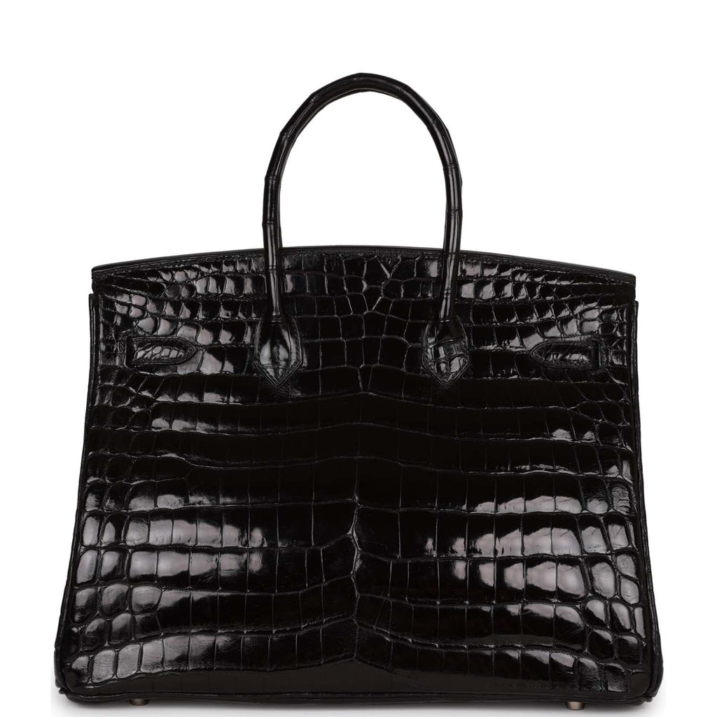 Pre-owned Hermes Birkin 35 Black Shiny Porosus Crocodile Palladium Hardware