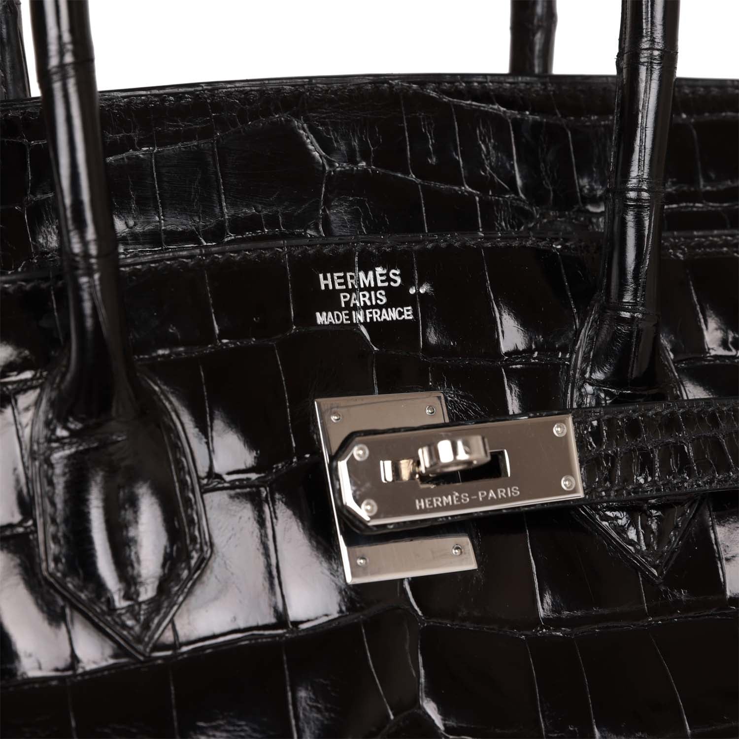 Pre-owned Hermes Birkin 35 Black Shiny Porosus Crocodile Palladium Hardware