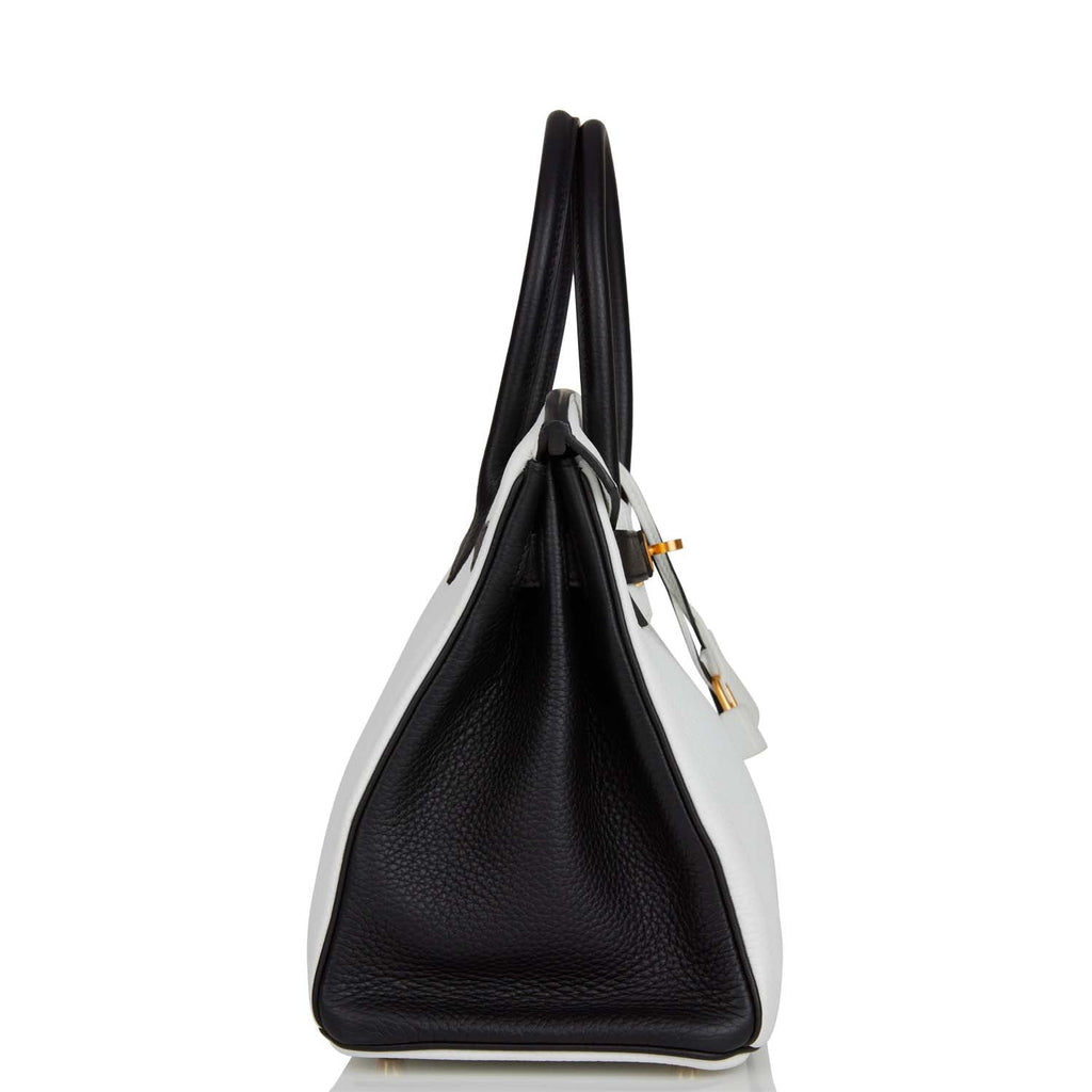 Hermes Special Order (HSS) Birkin 30 White and Black Clemence Brushed Gold Hardware