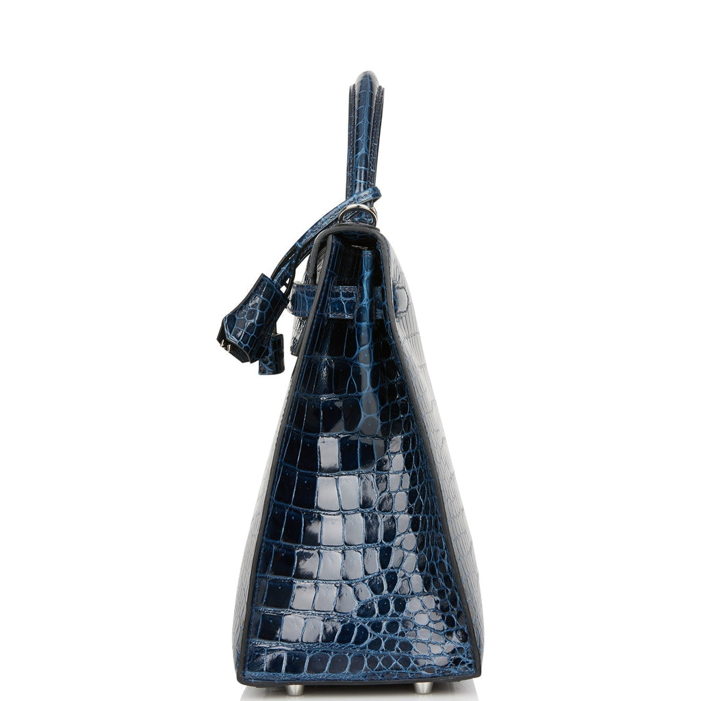 Hermes Kelly Sellier 32 Bleu Baltique Shiny Porosus Crocodile Palladium Hardware