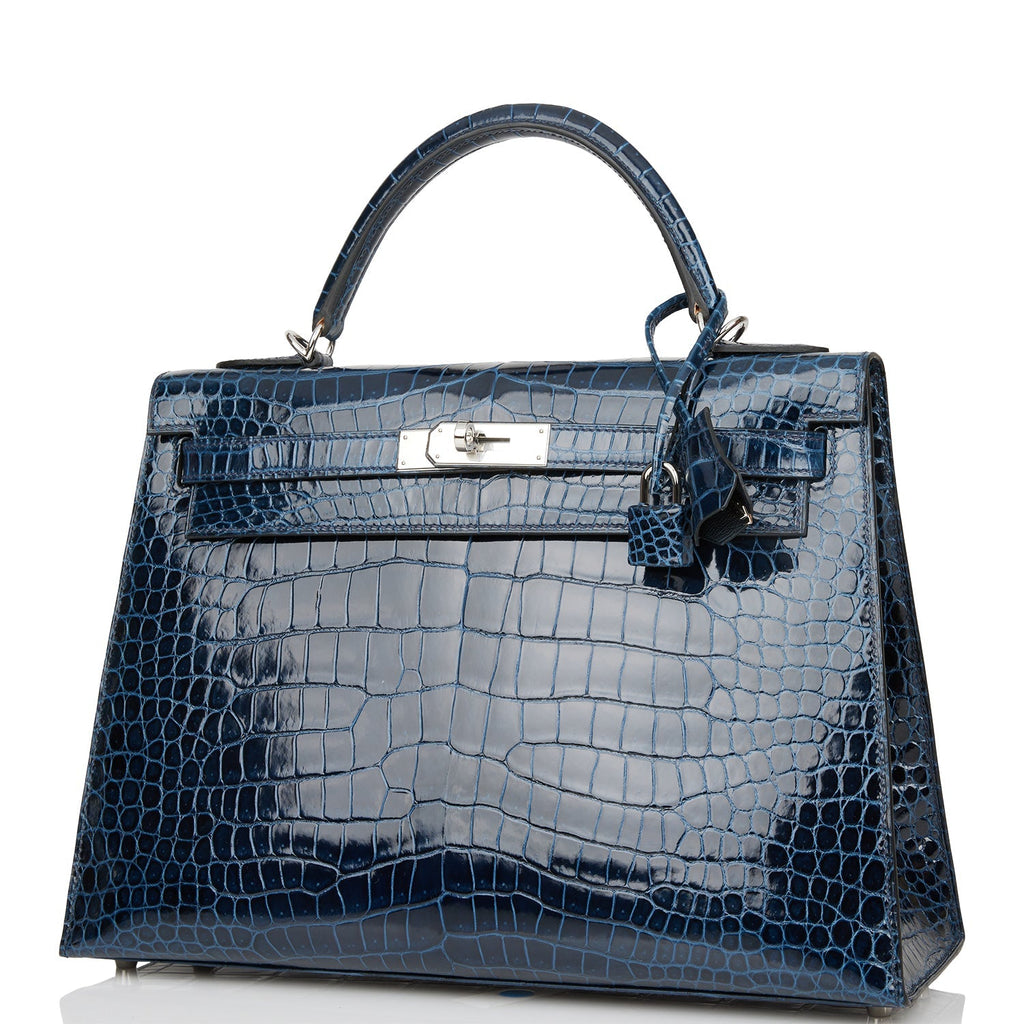 Hermes Kelly Sellier 32 Bleu Baltique Shiny Porosus Crocodile Palladium Hardware
