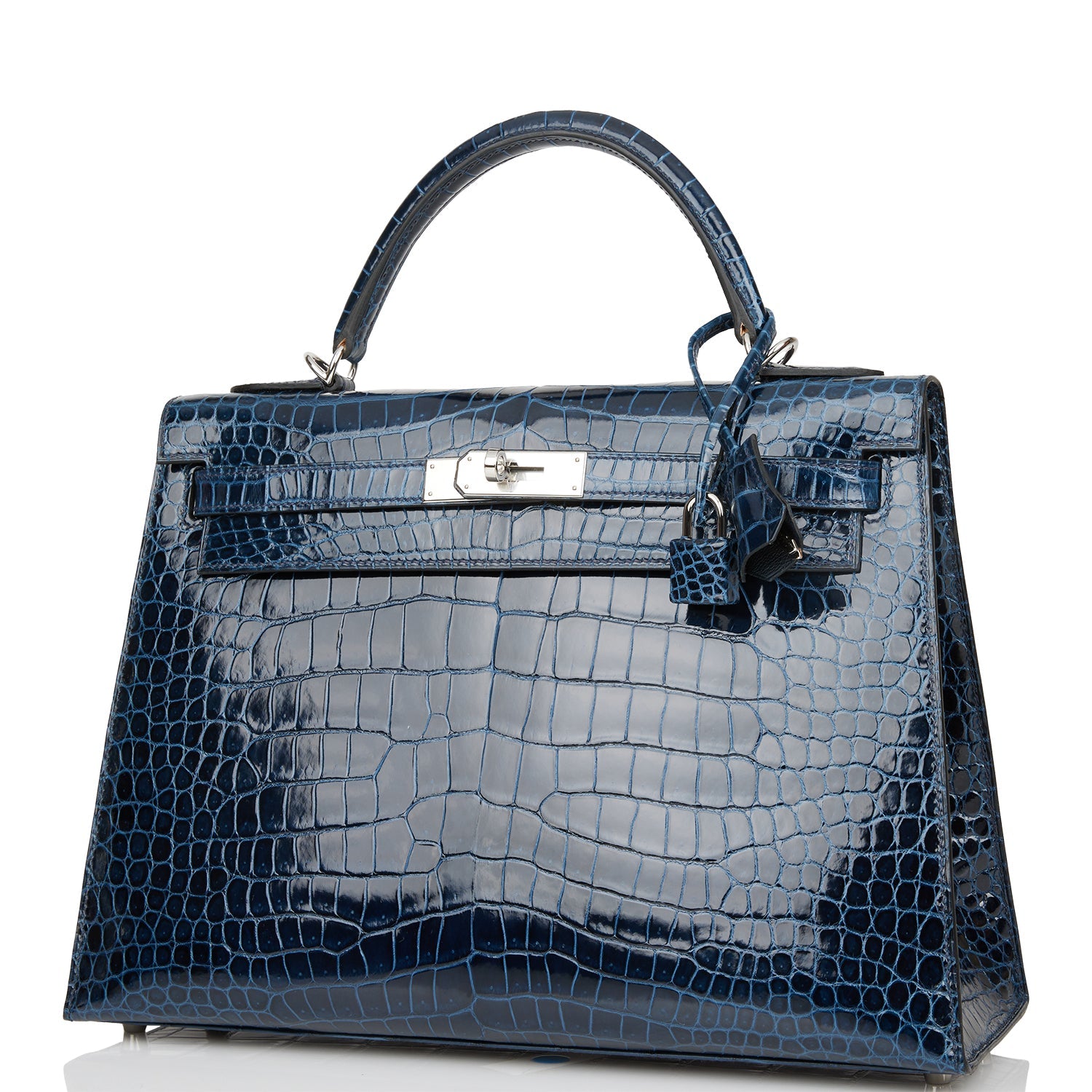 Hermes Kelly Sellier 32 Bleu Baltique Shiny Porosus Crocodile Palladium Hardware
