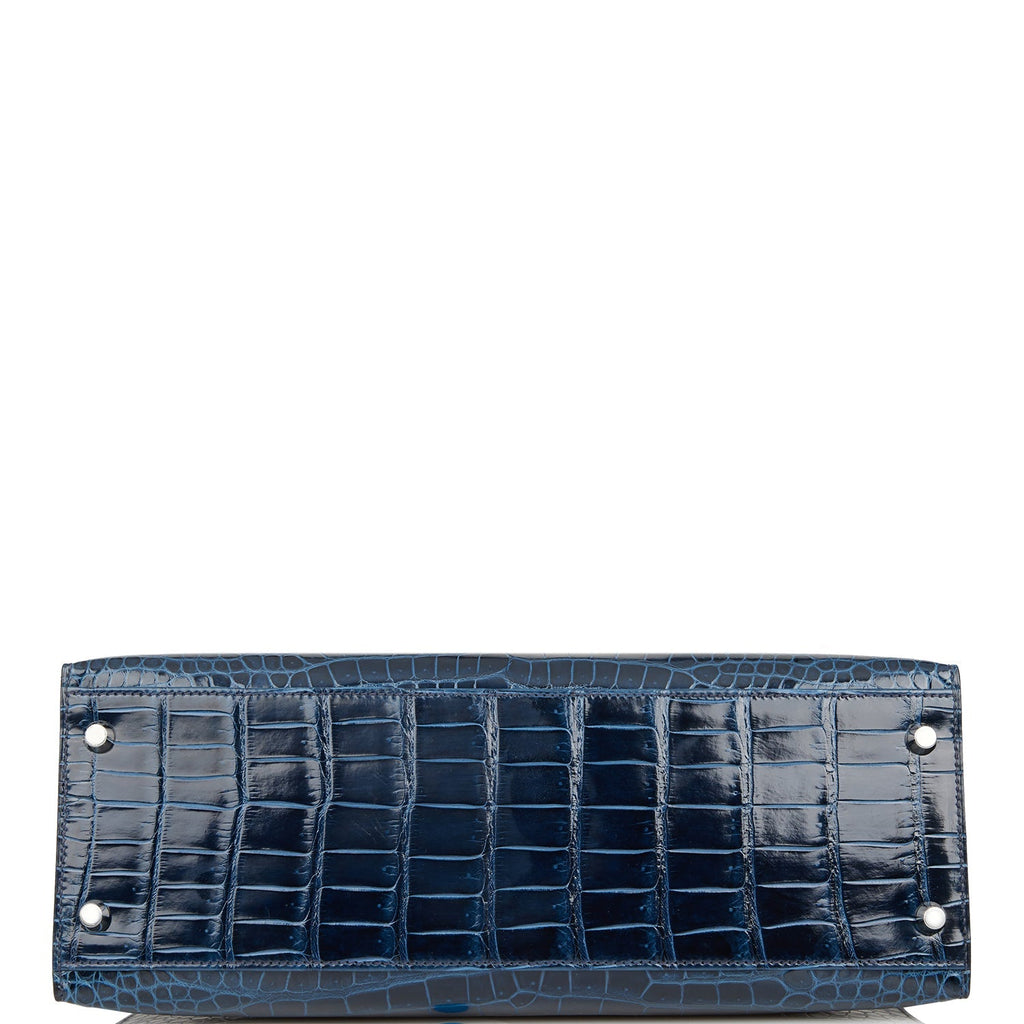 Hermes Kelly Sellier 32 Bleu Baltique Shiny Porosus Crocodile Palladium Hardware