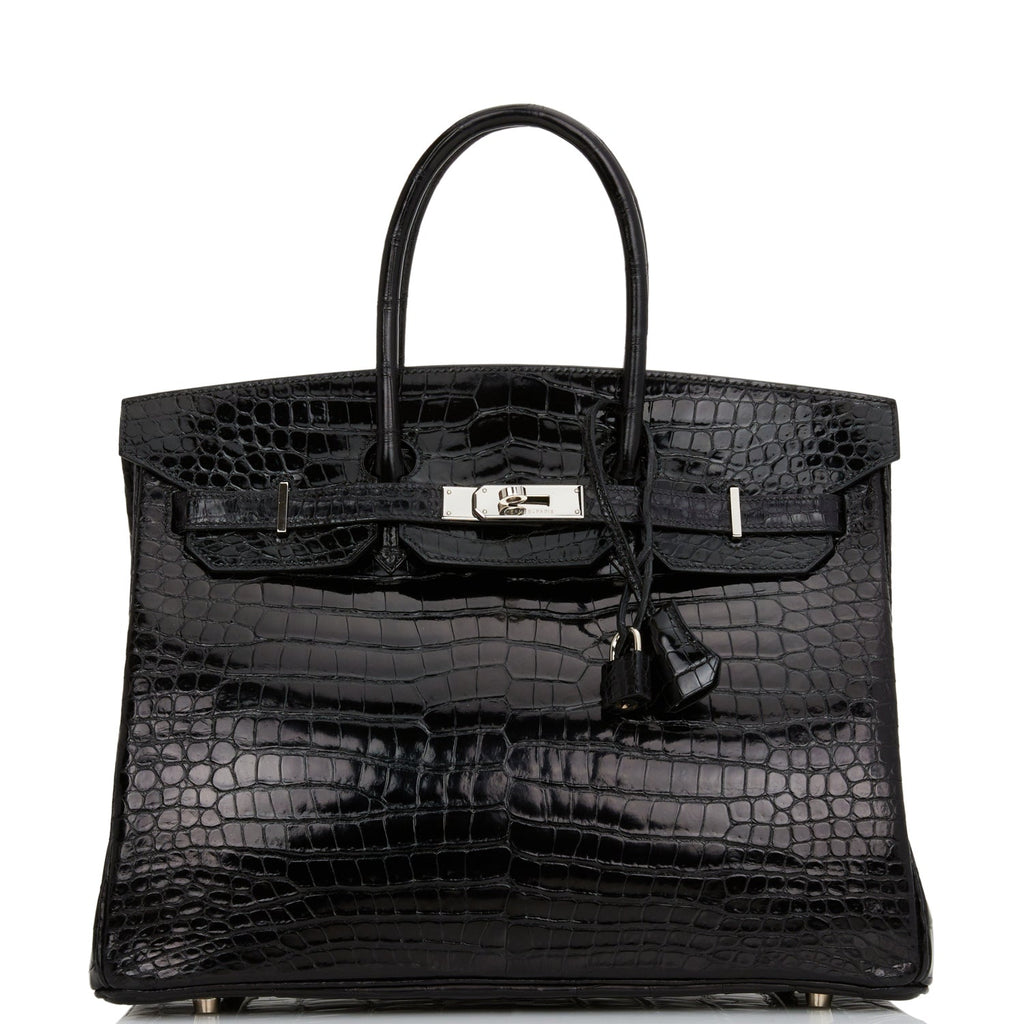 Pre-owned Hermes Birkin 35 Black Shiny Porosus Crocodile Palladium Hardware