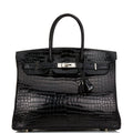 Pre-owned Hermes Birkin 35 Black Shiny Porosus Crocodile Palladium Hardware