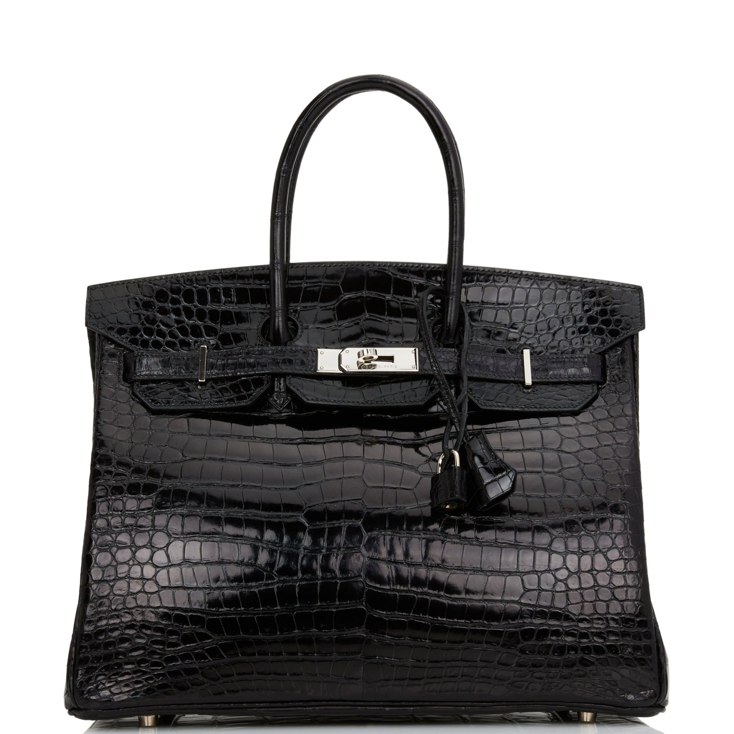 Pre-owned Hermes Birkin 35 Black Shiny Porosus Crocodile Palladium Hardware