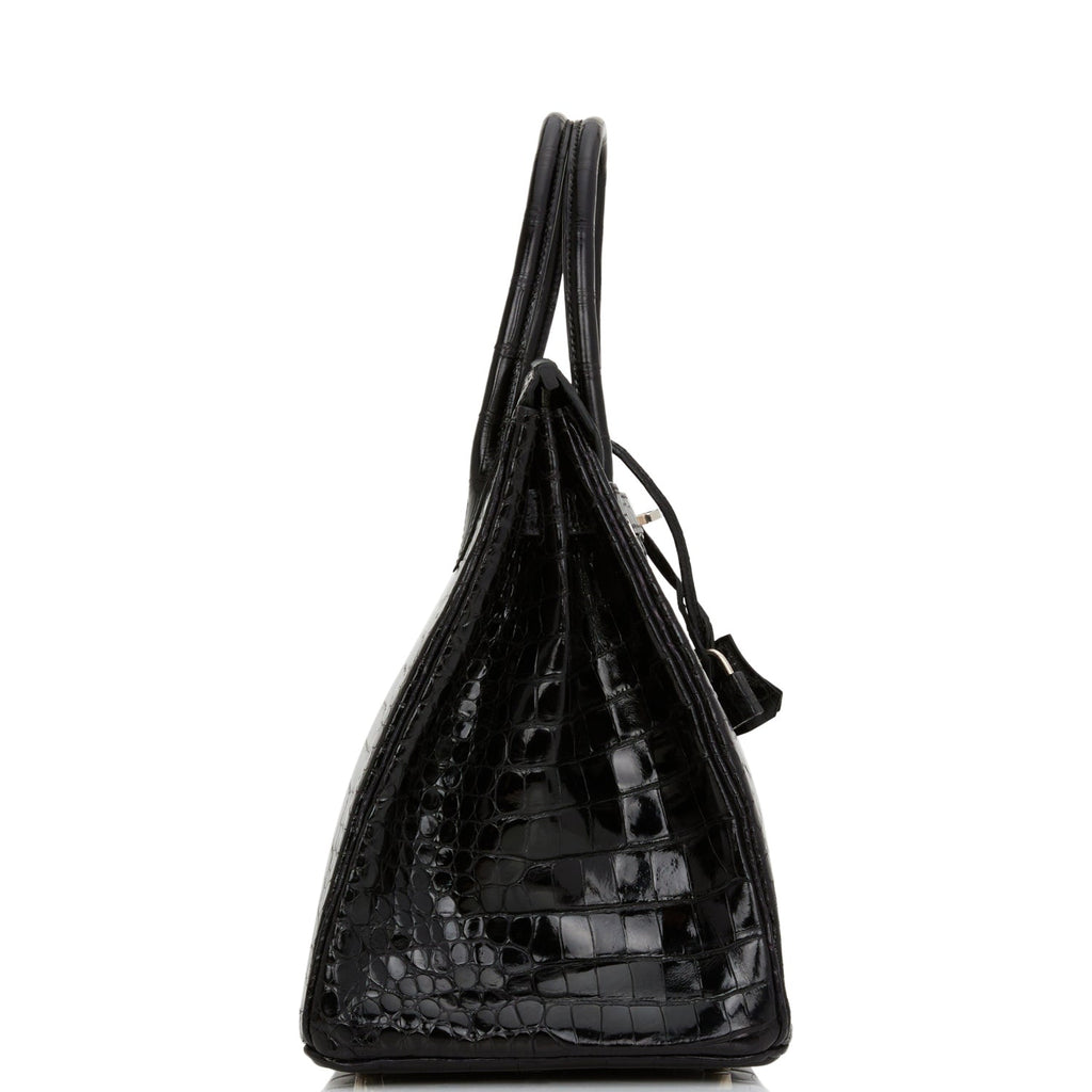 Pre-owned Hermes Birkin 35 Black Shiny Porosus Crocodile Palladium Hardware