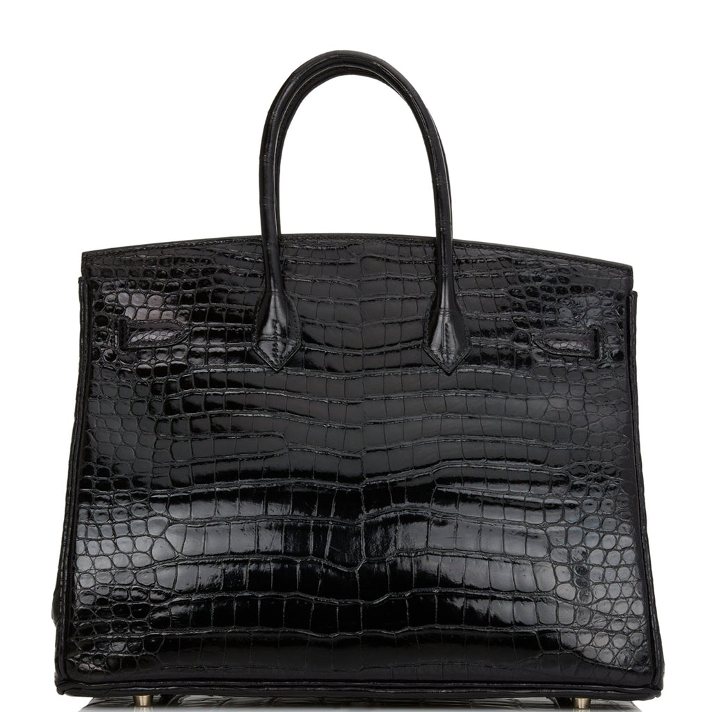 Pre-owned Hermes Birkin 35 Black Shiny Porosus Crocodile Palladium Hardware