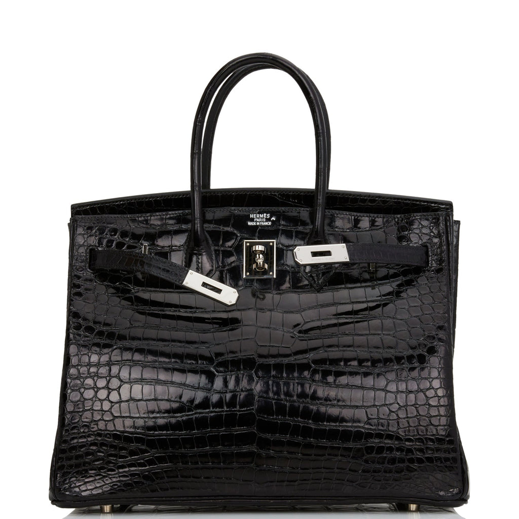 Pre-owned Hermes Birkin 35 Black Shiny Porosus Crocodile Palladium Hardware