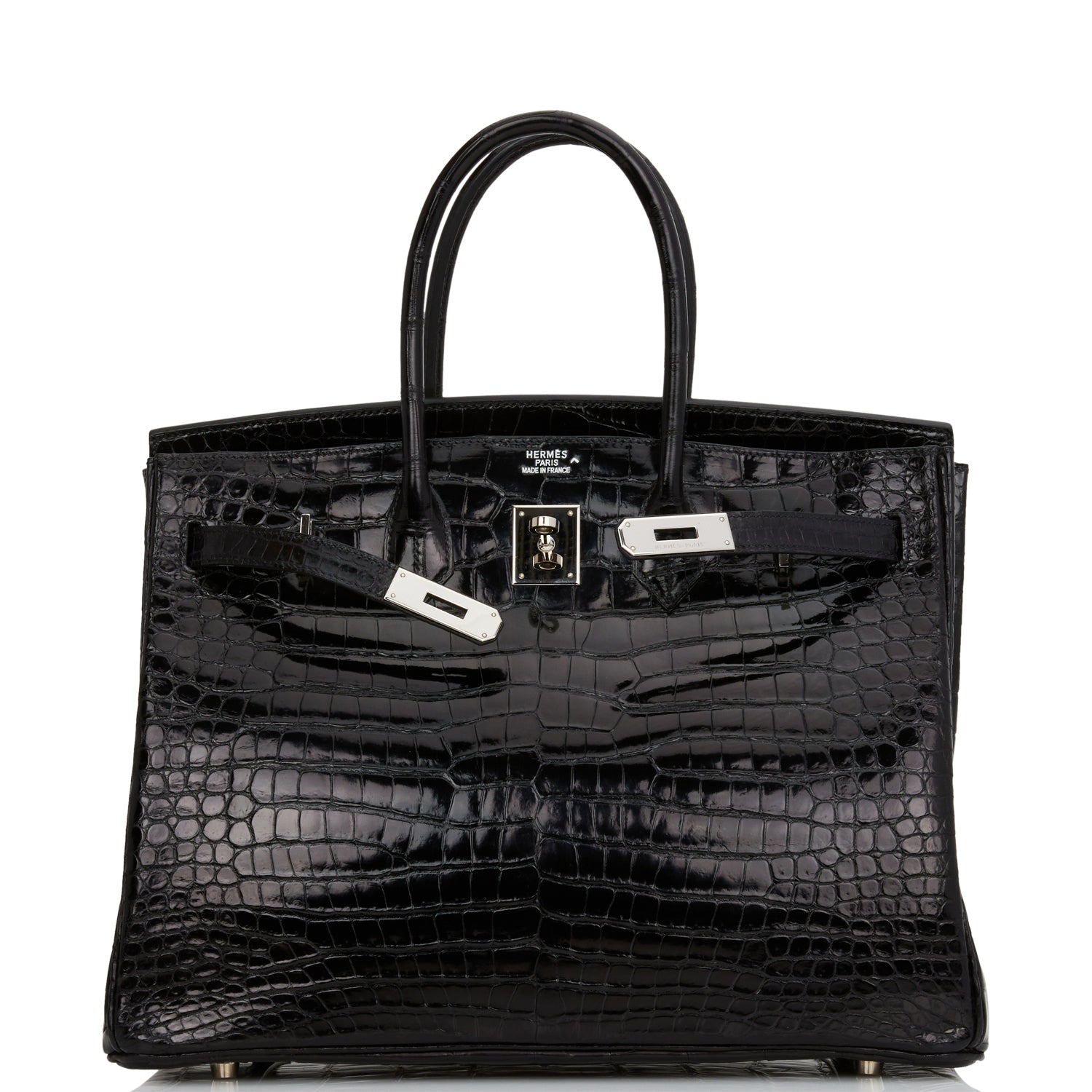 Pre-owned Hermes Birkin 35 Black Shiny Porosus Crocodile Palladium Hardware