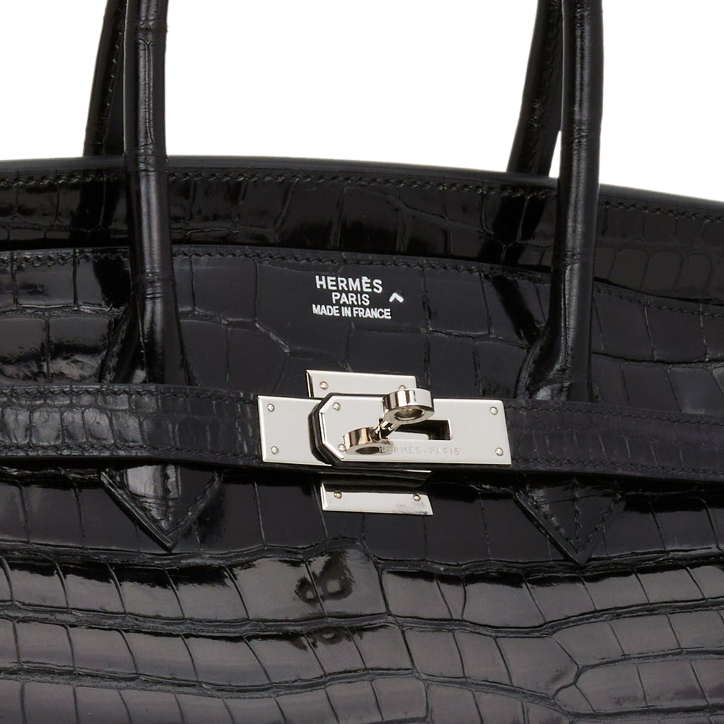 Pre-owned Hermes Birkin 35 Black Shiny Porosus Crocodile Palladium Hardware