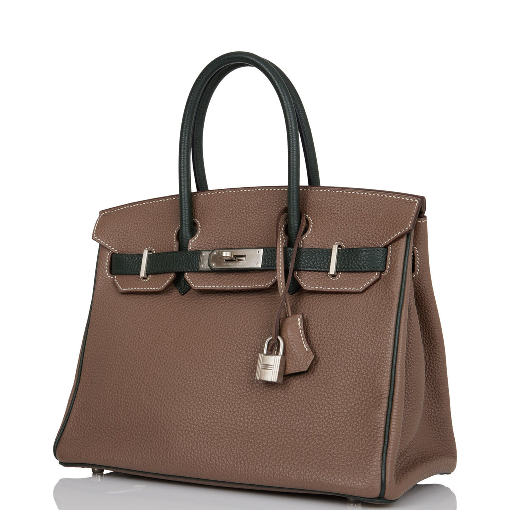 Pre-owned Hermes Special Order (HSS) Birkin 30 Etoupe and Vert Fonce Togo Brushed Palladium Hardware