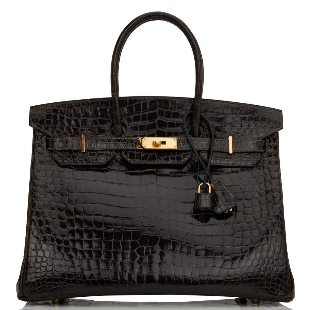 Pre-owned Hermes Birkin 35 Graphite Shiny Porosus Crocodile Gold Hardware