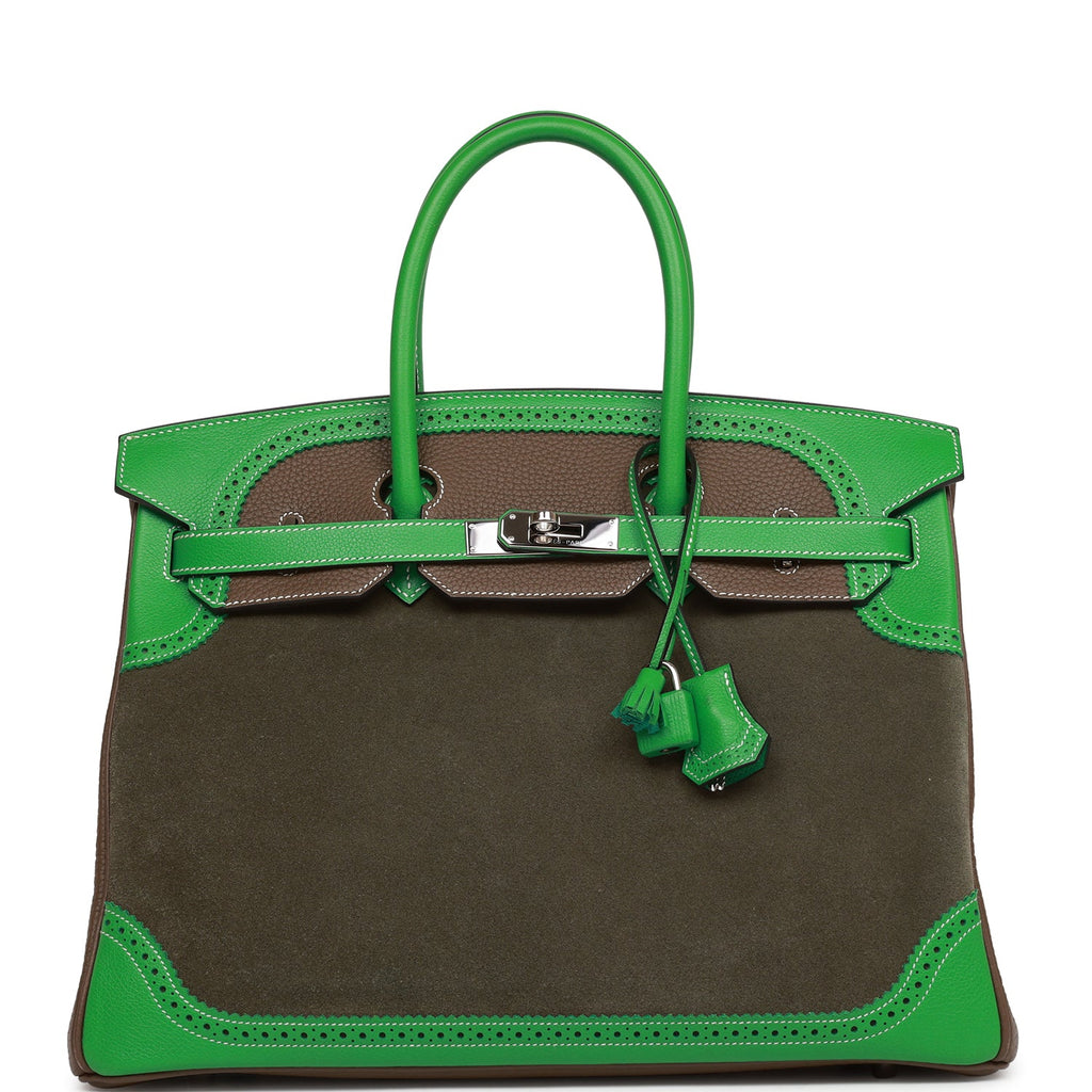 Pre-owned Hermes Grizzly Ghillies Birkin 35 Vert de Gris, Bambou and Taupe Doblis Palladium Hardware
