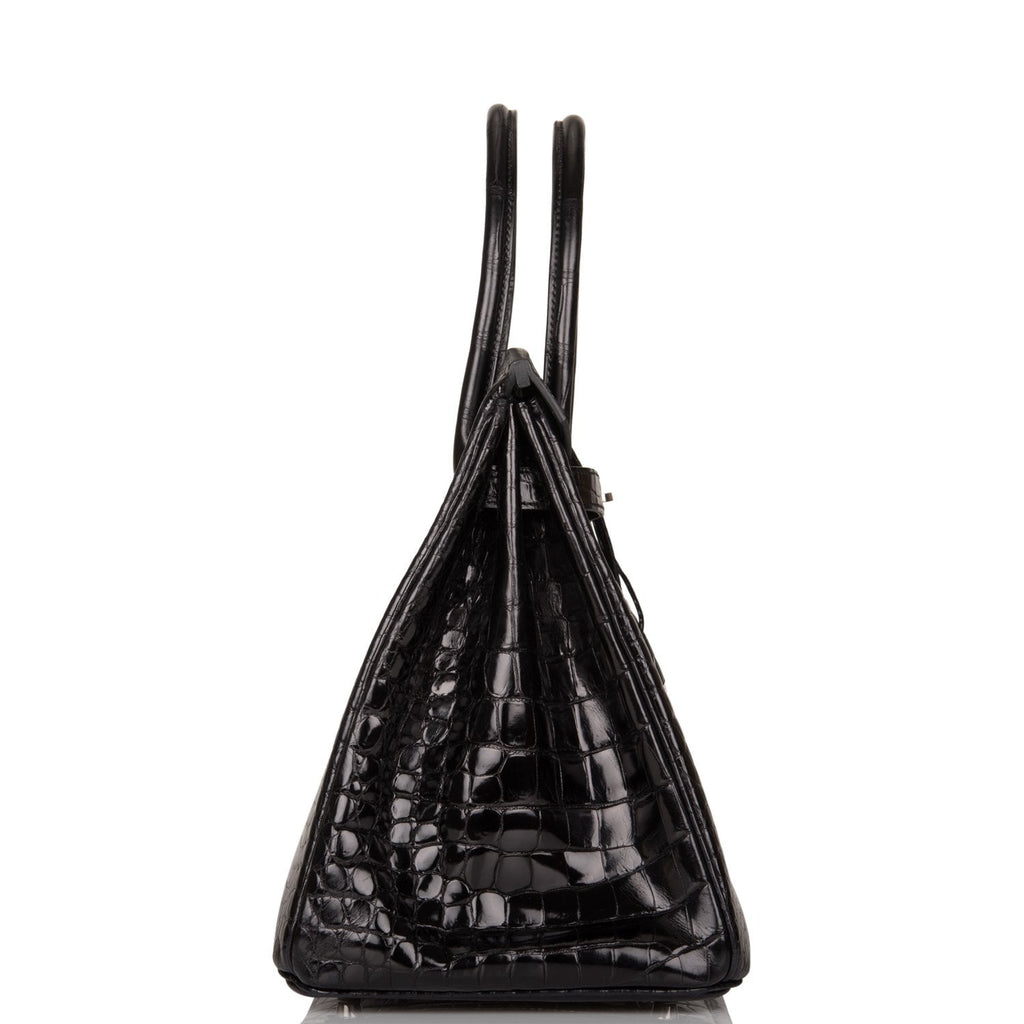 Pre-owned Hermes Birkin 35 Black Shiny Porosus Crocodile Palladium Hardware