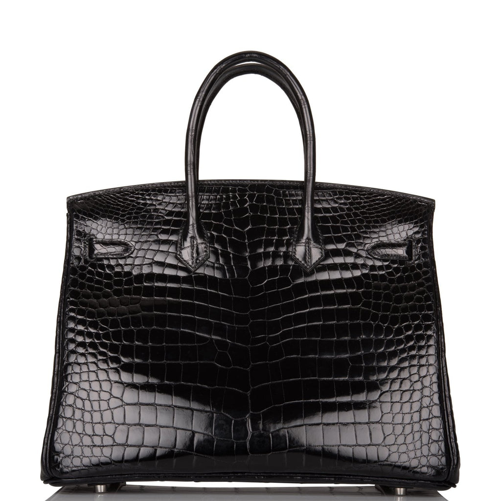 Pre-owned Hermes Birkin 35 Black Shiny Porosus Crocodile Palladium Hardware