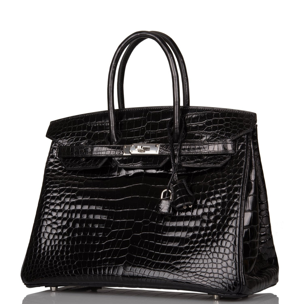 Pre-owned Hermes Birkin 35 Black Shiny Porosus Crocodile Palladium Hardware