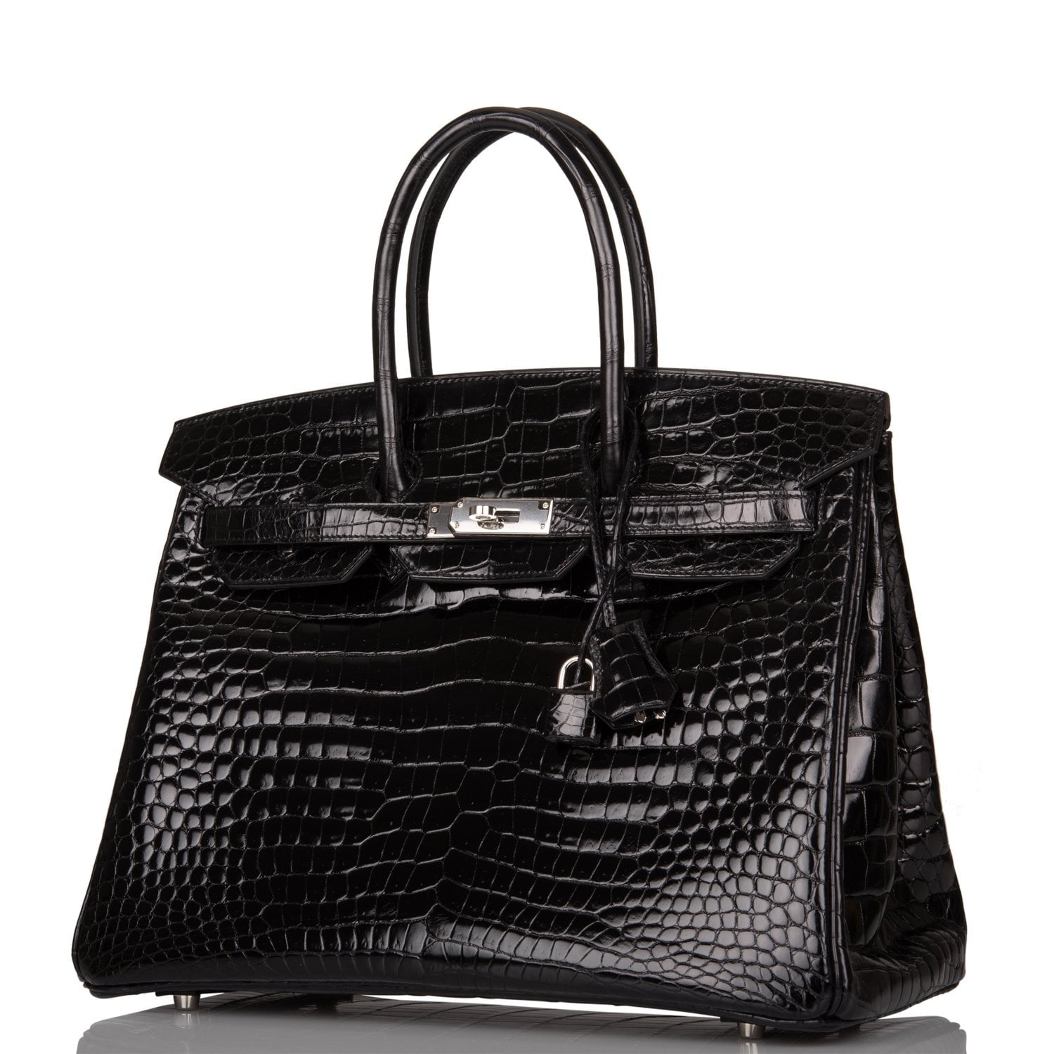 Pre-owned Hermes Birkin 35 Black Shiny Porosus Crocodile Palladium Hardware