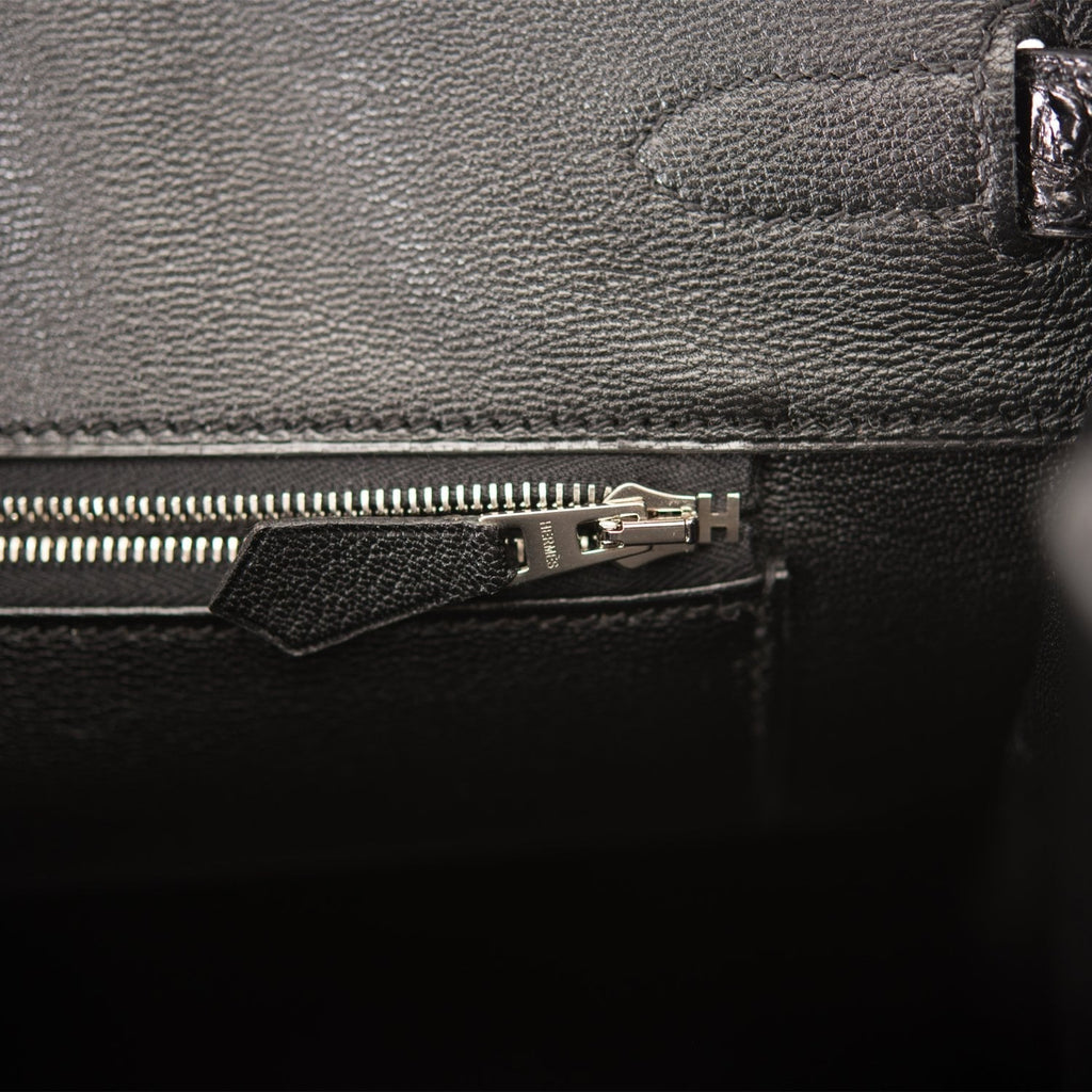 Pre-owned Hermes Birkin 35 Black Shiny Porosus Crocodile Palladium Hardware