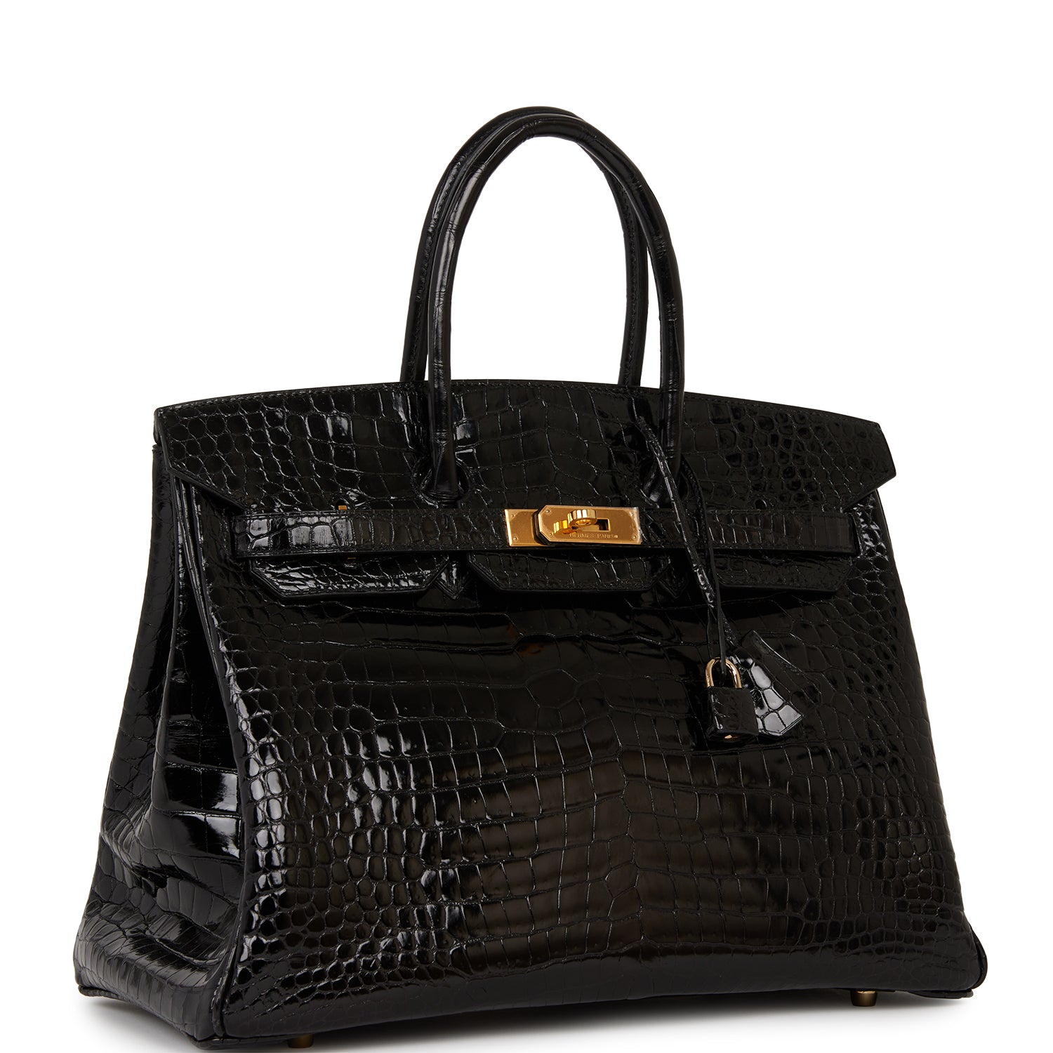 Pre-owned Hermes Birkin 35 Black Shiny Porosus Crocodile Gold Hardware