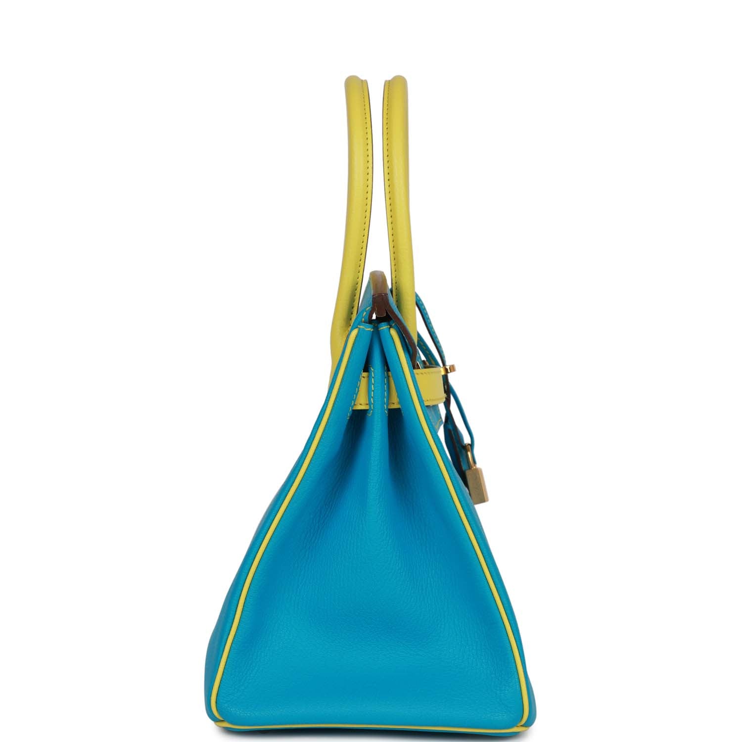 Pre-owned Hermes Special Order (HSS) Birkin 30 Bleu Turquoise and Lime Chevre Gold Hardware