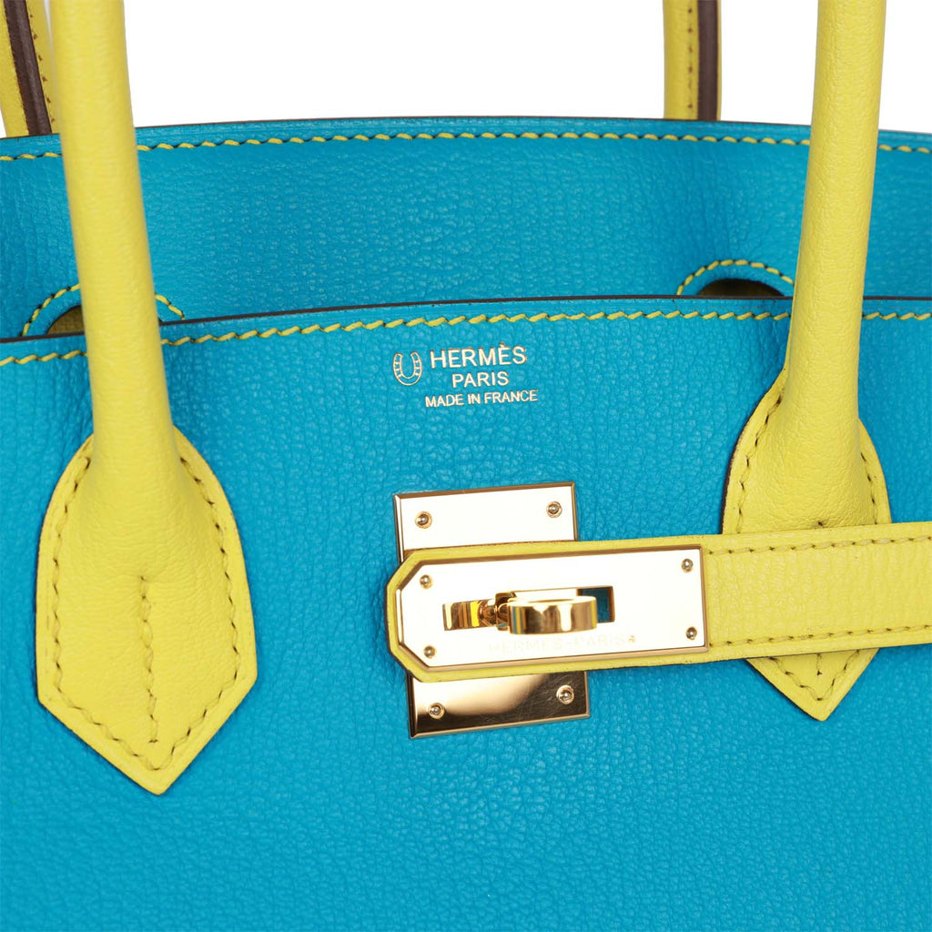 Pre-owned Hermes Special Order (HSS) Birkin 30 Bleu Turquoise and Lime Chevre Gold Hardware