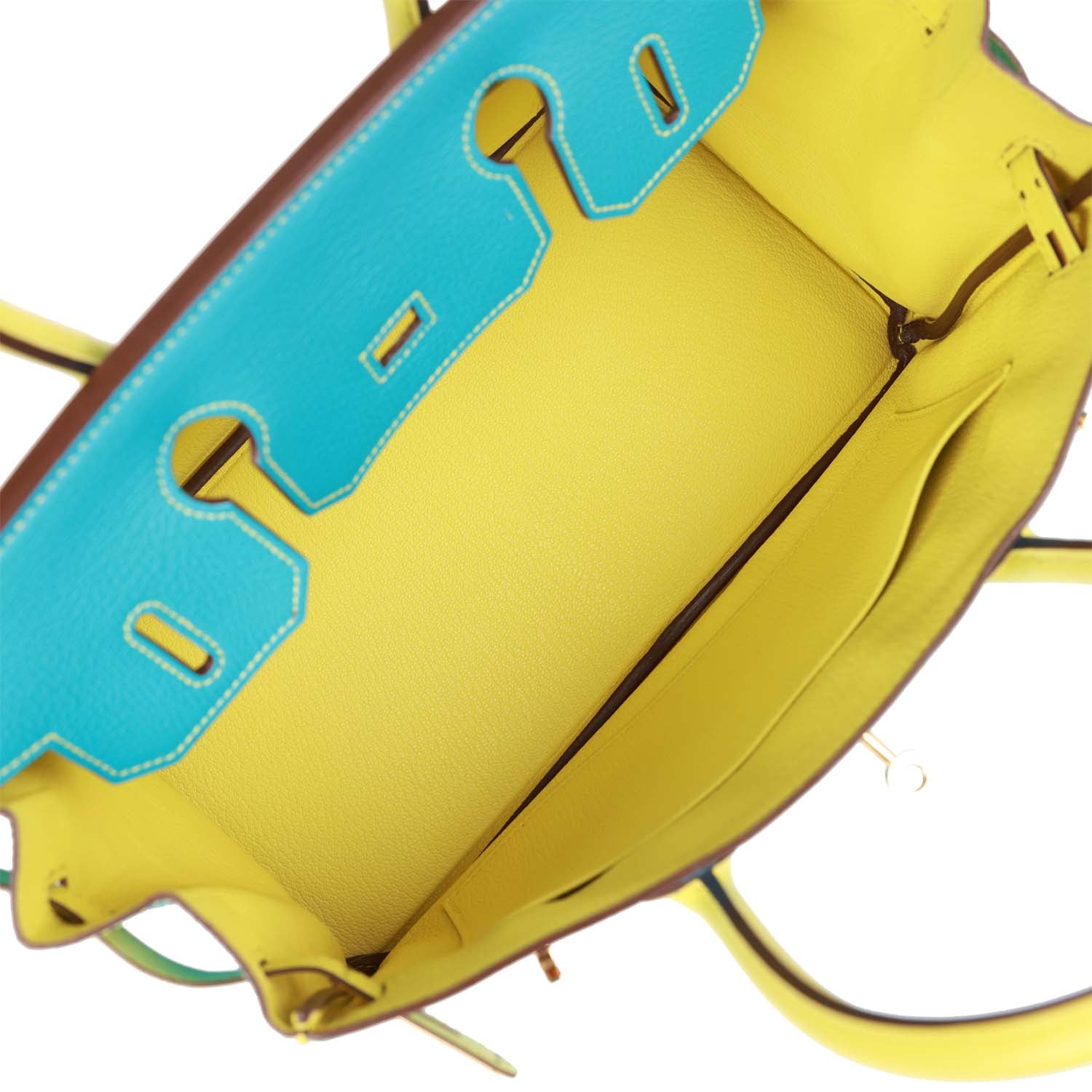Pre-owned Hermes Special Order (HSS) Birkin 30 Bleu Turquoise and Lime Chevre Gold Hardware