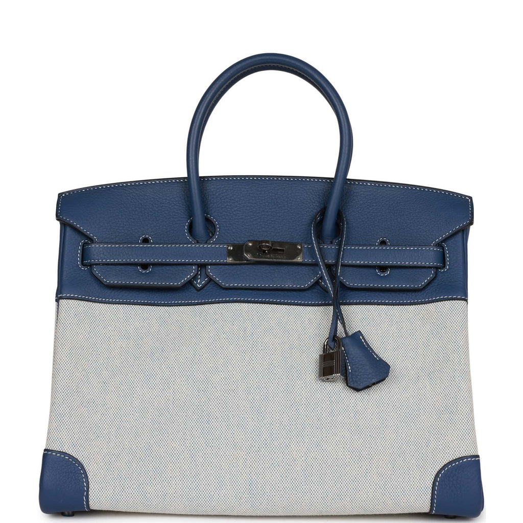 Pre-Owned Hermes Birkin 35 Bleu Brighton Clemence and Toile H Ruthenium Hardware