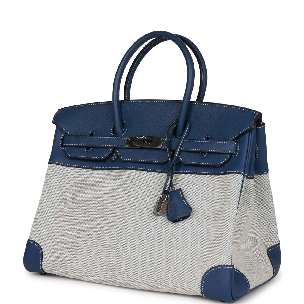 Pre-Owned Hermes Birkin 35 Bleu Brighton Clemence and Toile H Ruthenium Hardware