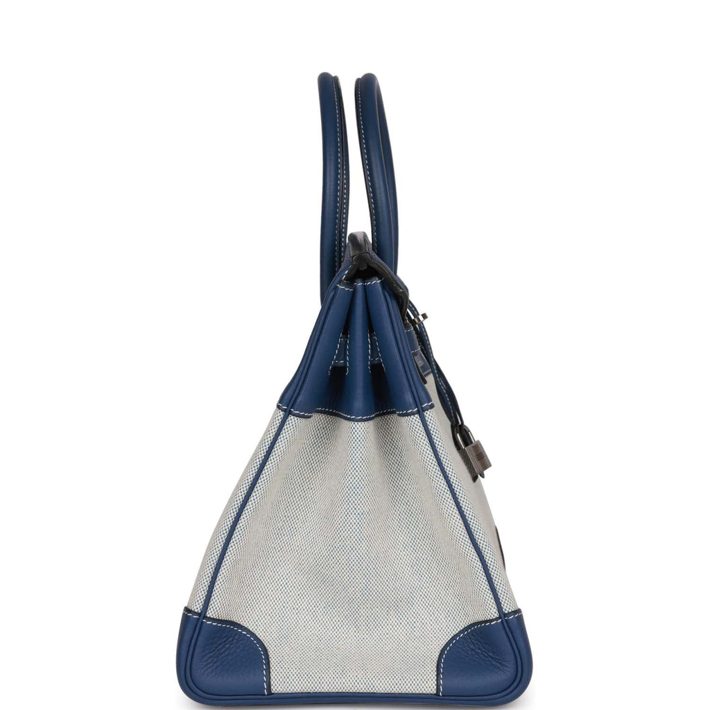 Pre-Owned Hermes Birkin 35 Bleu Brighton Clemence and Toile H Ruthenium Hardware