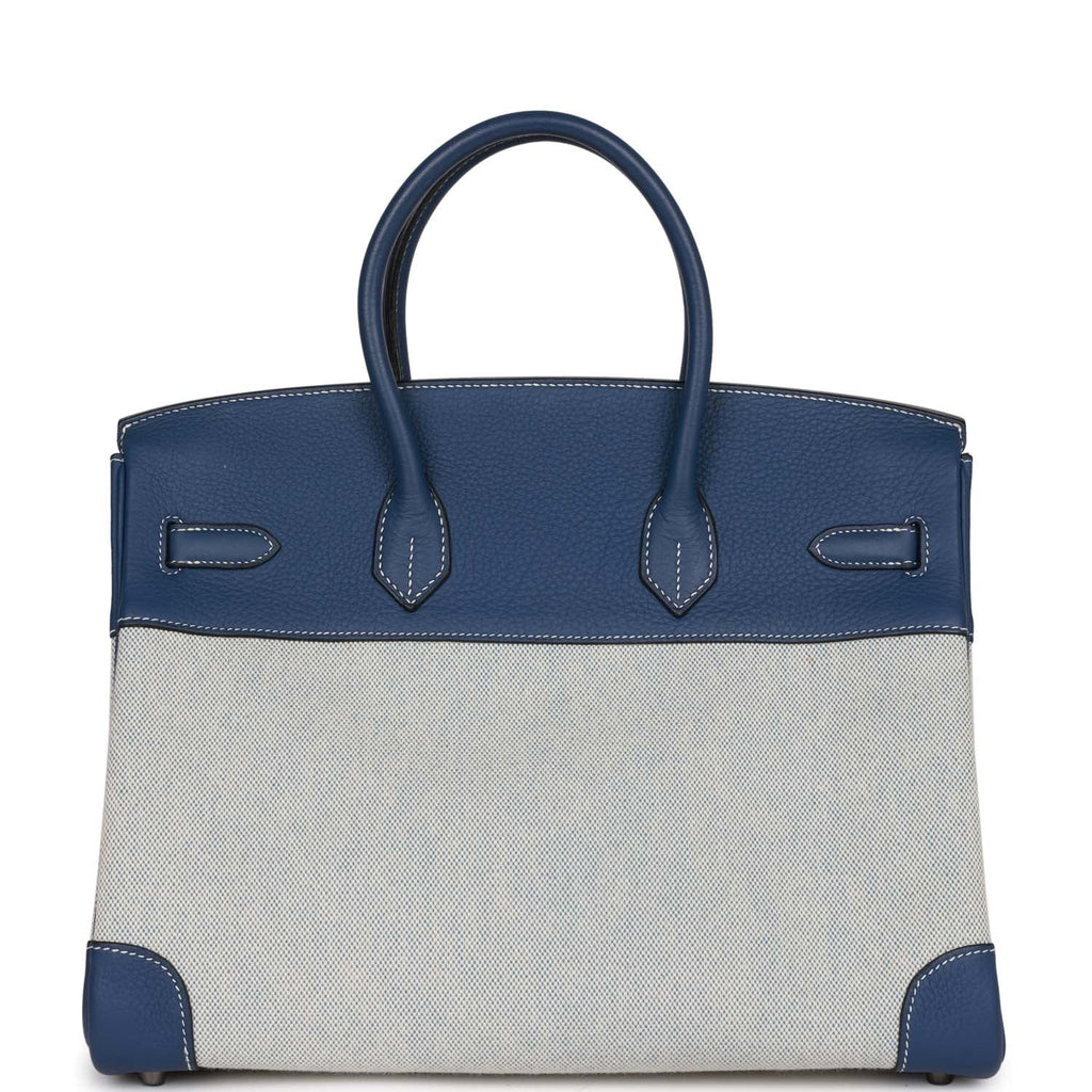 Pre-Owned Hermes Birkin 35 Bleu Brighton Clemence and Toile H Ruthenium Hardware