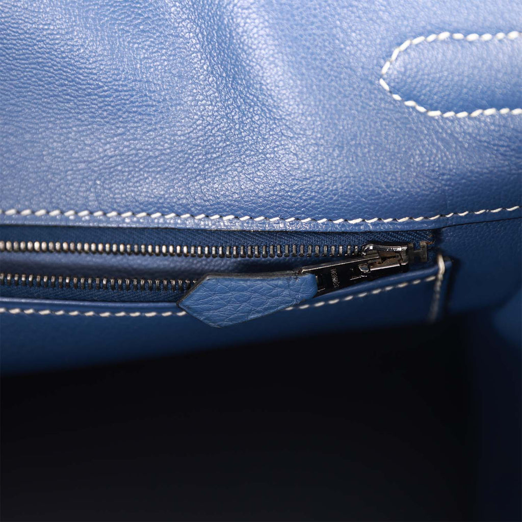 Pre-Owned Hermes Birkin 35 Bleu Brighton Clemence and Toile H Ruthenium Hardware