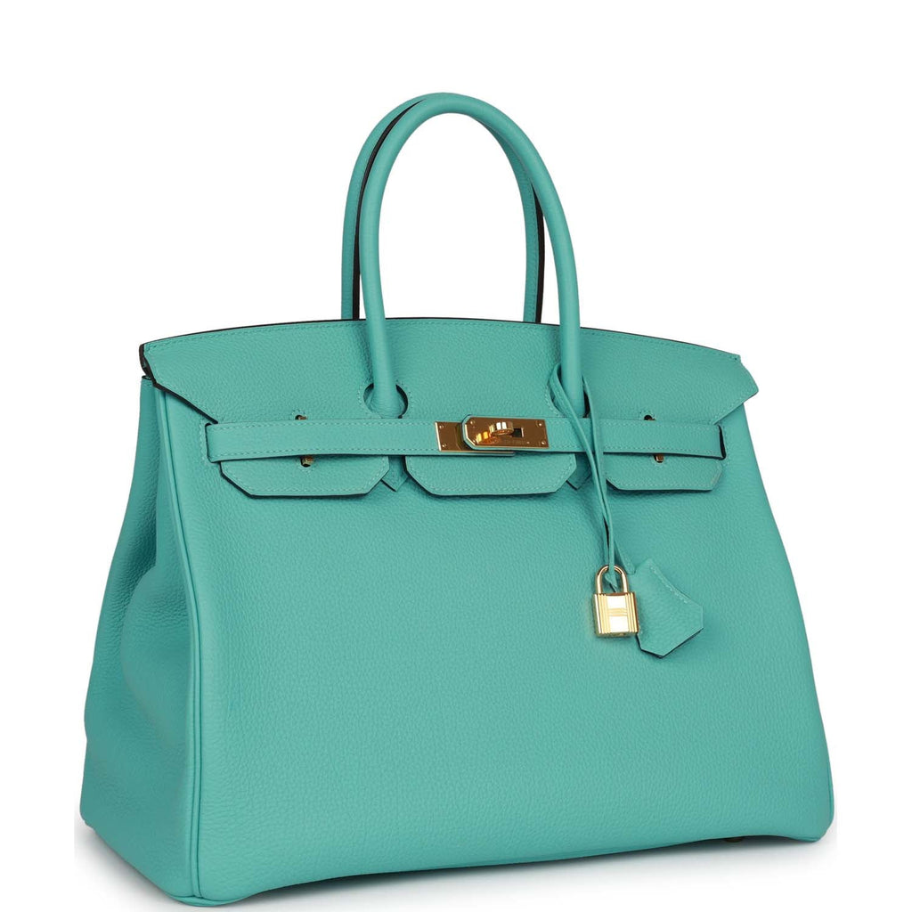 Pre-owned Hermes Birkin 35 Bleu Atoll Togo Gold Hardware