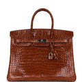 Pre-owned Hermes Birkin 35 Miel Shiny Porosus Crocodile Palladium Hardware