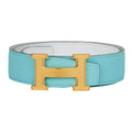 Hermes 32mm Reversible Bleu Atoll/White Constance H Belt 75cm Guilloche Gold Buckle