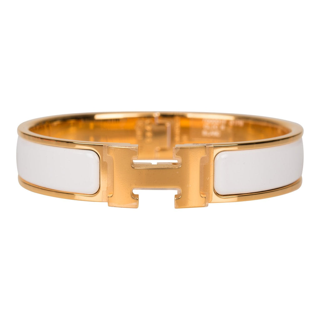 Hermes White Clic Clac H Narrow Enamel Bracelet PM GHW