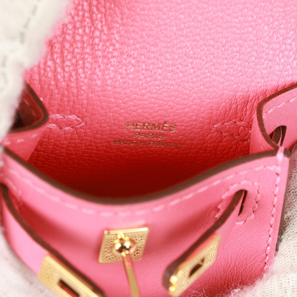 Hermes Rose Lipstick Tadelakt Mini Kelly Twilly Bag Charm Gold Hardware