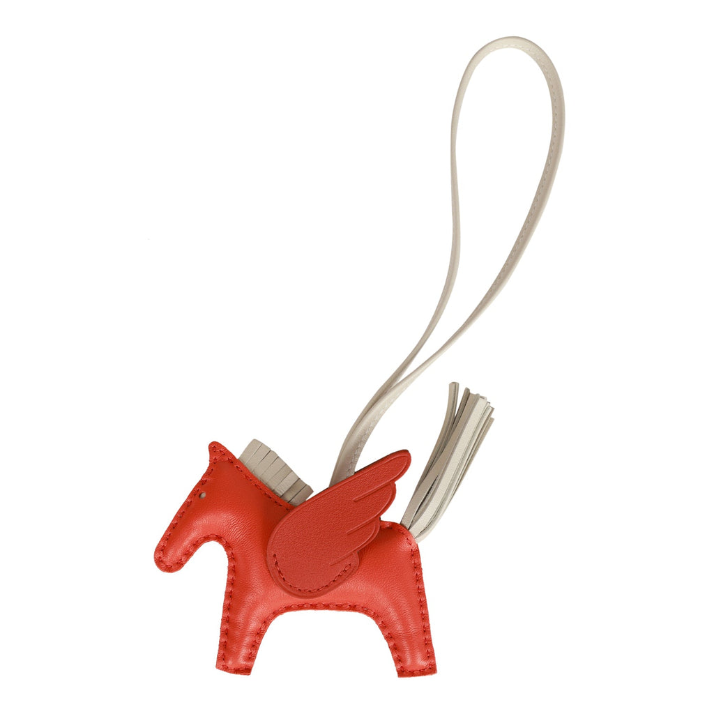 Hermes Orange Poppy/Craie/Terre Battue Agneau Pegasus Horse Rodeo Bag Charm PM