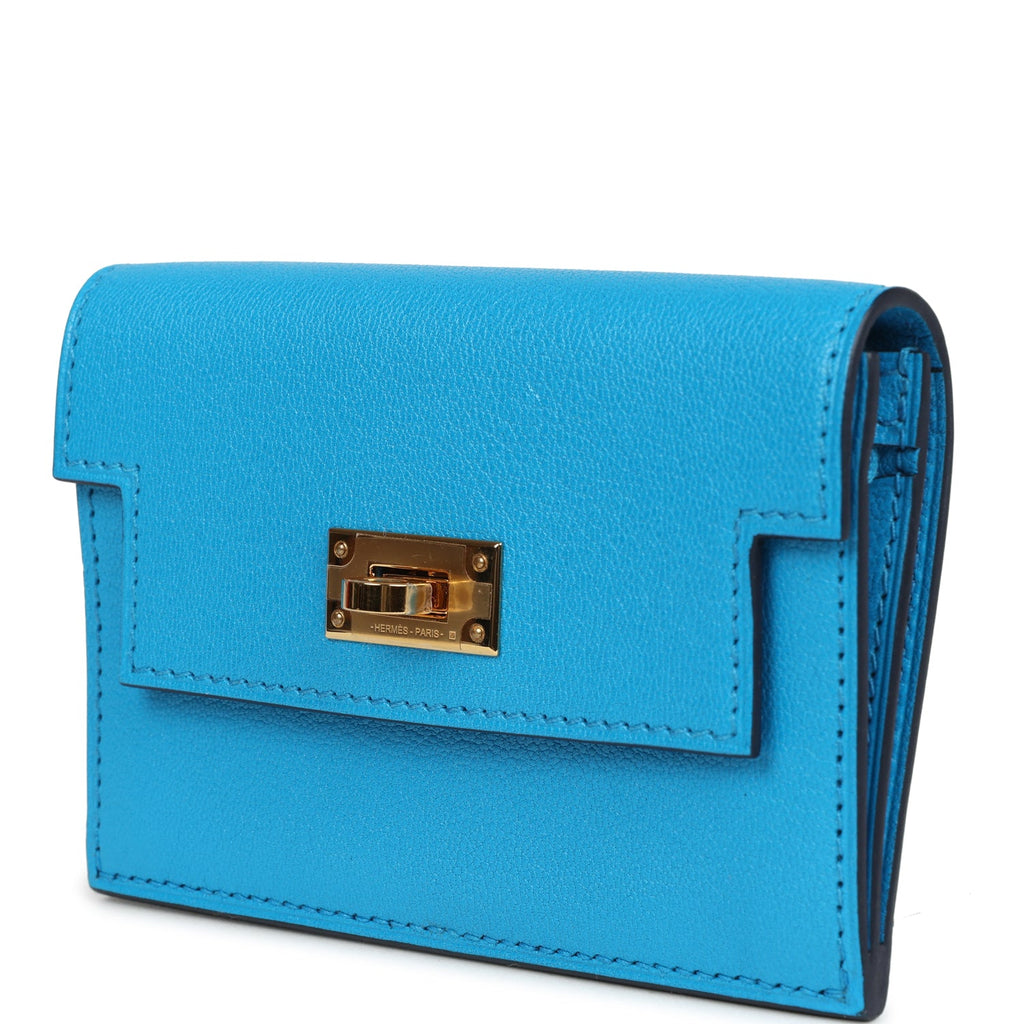 Hermes Kelly Pocket Slim Wallet Bleu Frida Chevre Gold Hardware